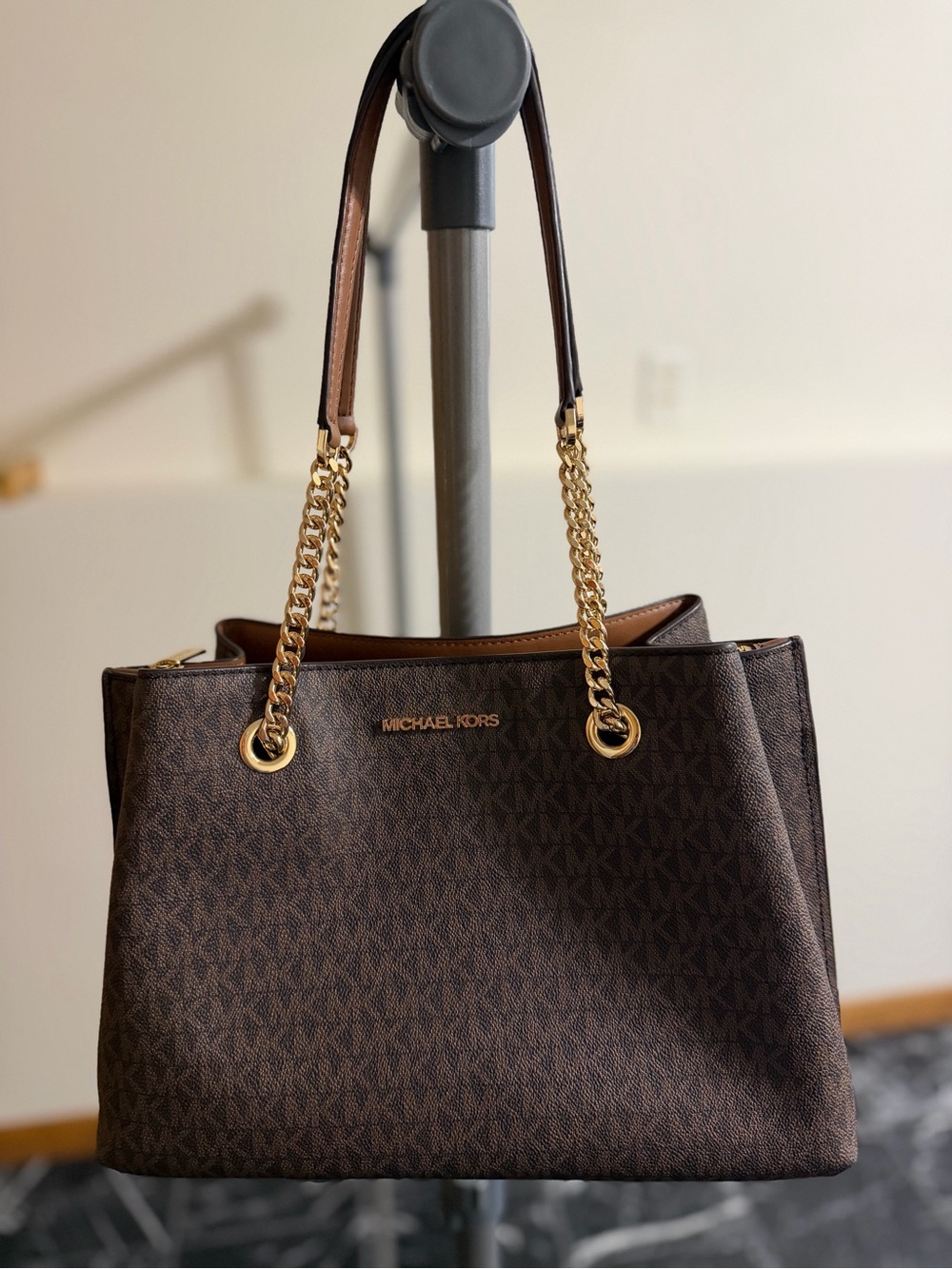 Michael Kors Dark Brown Signature Tote with Gold Chain Handles